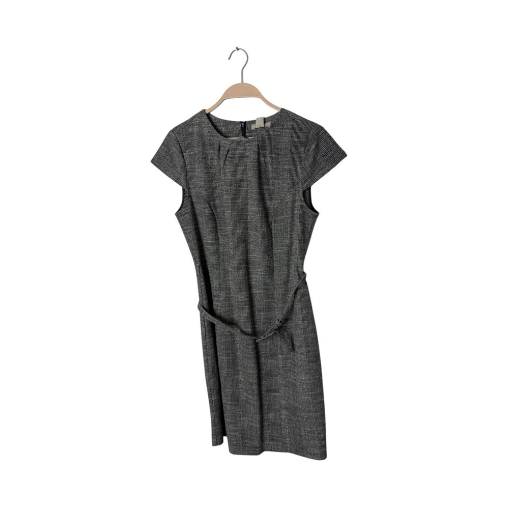 H&M Womens Gray Check Back Zip Belted Short Sleeve Shift Dress Size M‎ new
